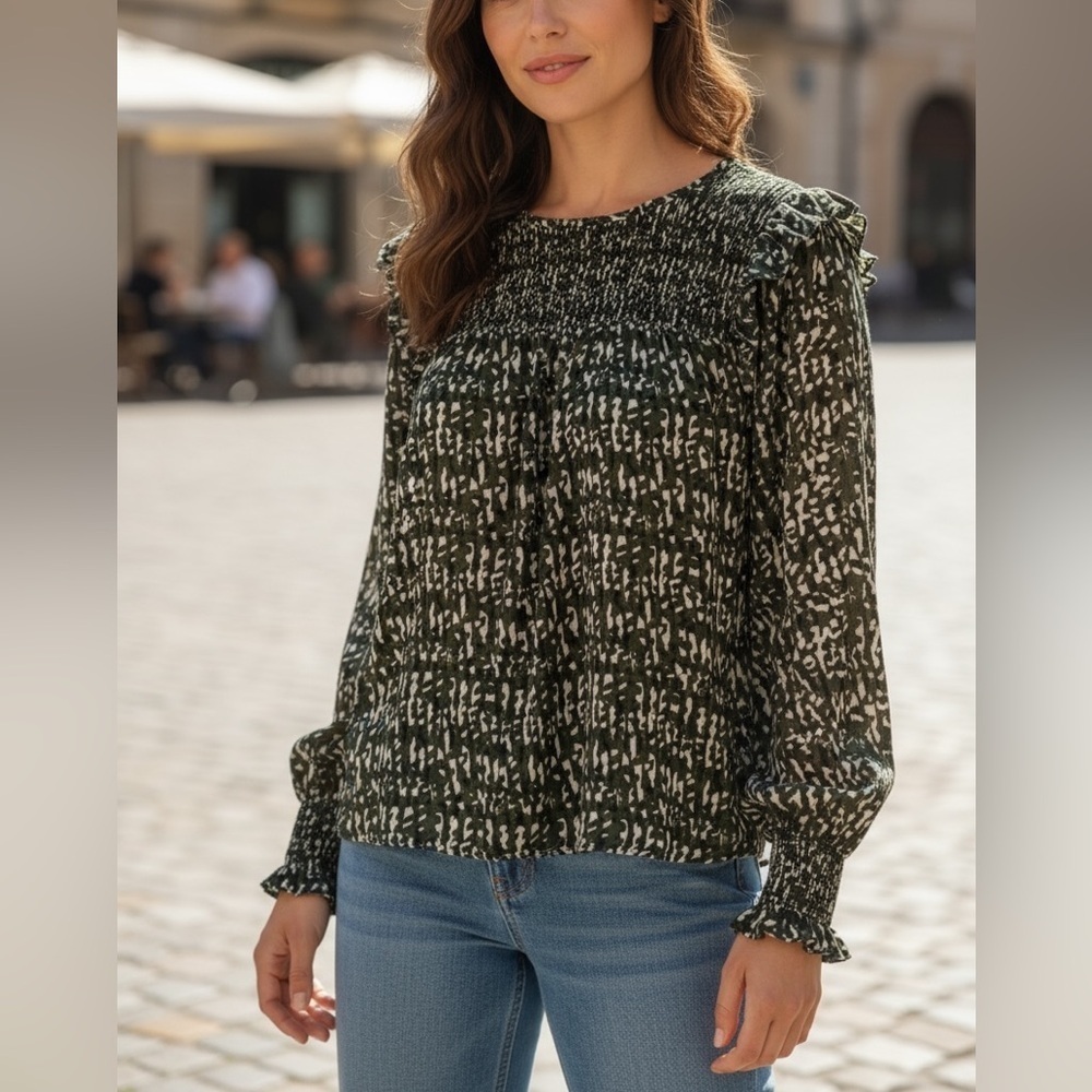 Smocked Yoke Printed Blouse - Green